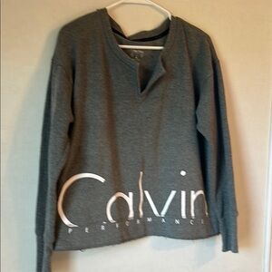 Calvin Klein Gray White Logo Cropped V-Neck Long Sleeve Sweatshirt Top. Size XL